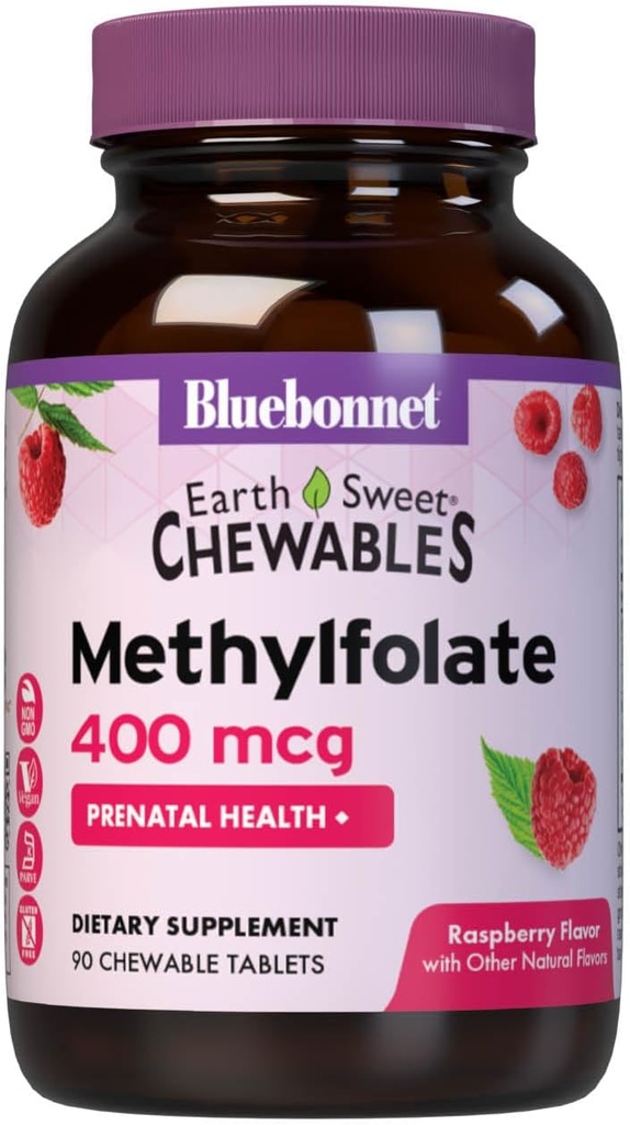 Bluebonnet EarthSweet Methylfolate 400 mcg Cellular Active Coenzyme 5- MTHF L Metyyli Folaatti Supplement - Prenatal & Energy Support* - Ei-GMO, Vegaani, Gluteeniton - Vadelma - 90 purutablettia