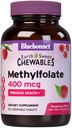 Bluebonnet EarthSweet Methylfolate 400 mcg Cellular Active Coenzym 5-MTHF L Methyl Folate Supplement - Prenatal & Energy Support* - Non-GMO, Vegan, Gluten-Free - Raspberry - 90 Chewable Tablets