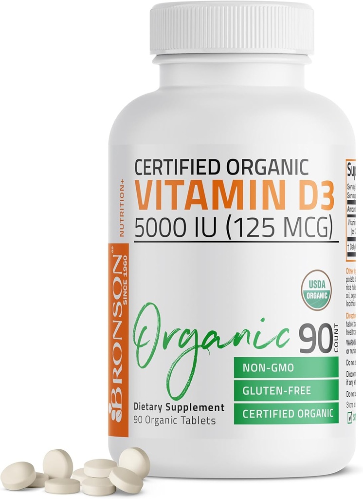 Bronson Vitaminas D3 5000 TV Sertifikuotas organinio vitamino D papildas, Non- GMO, USDA Sertifikuotas, 90 tablečių