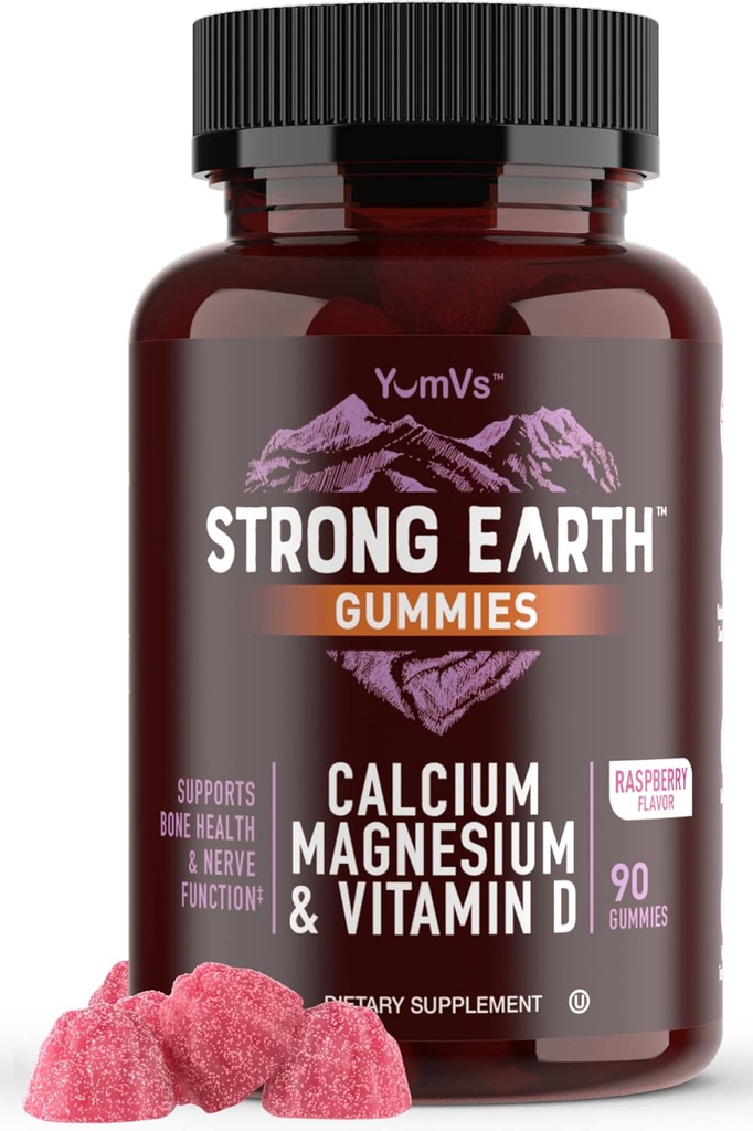 YUM-V's Strong Earth Calcium, magnesio, Vitamina D3 Gummies, Vitamina Gummies, Suplemento de calcio para a saúde ósea forte para mulleres e homes - Certified Kosher (90 Count)