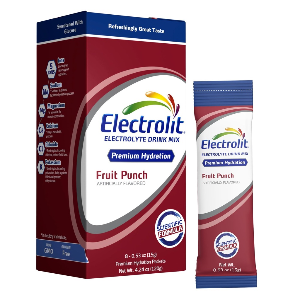 Electrolit Electrolytes Powder Packets, Fruit Punch 8 Pack, Powdered Hydration Packets for Dehydration & Rehydration, Post Workout Flavored Hydrating Drink Mix, Gluten Free Daily Water Enhancer Sticks