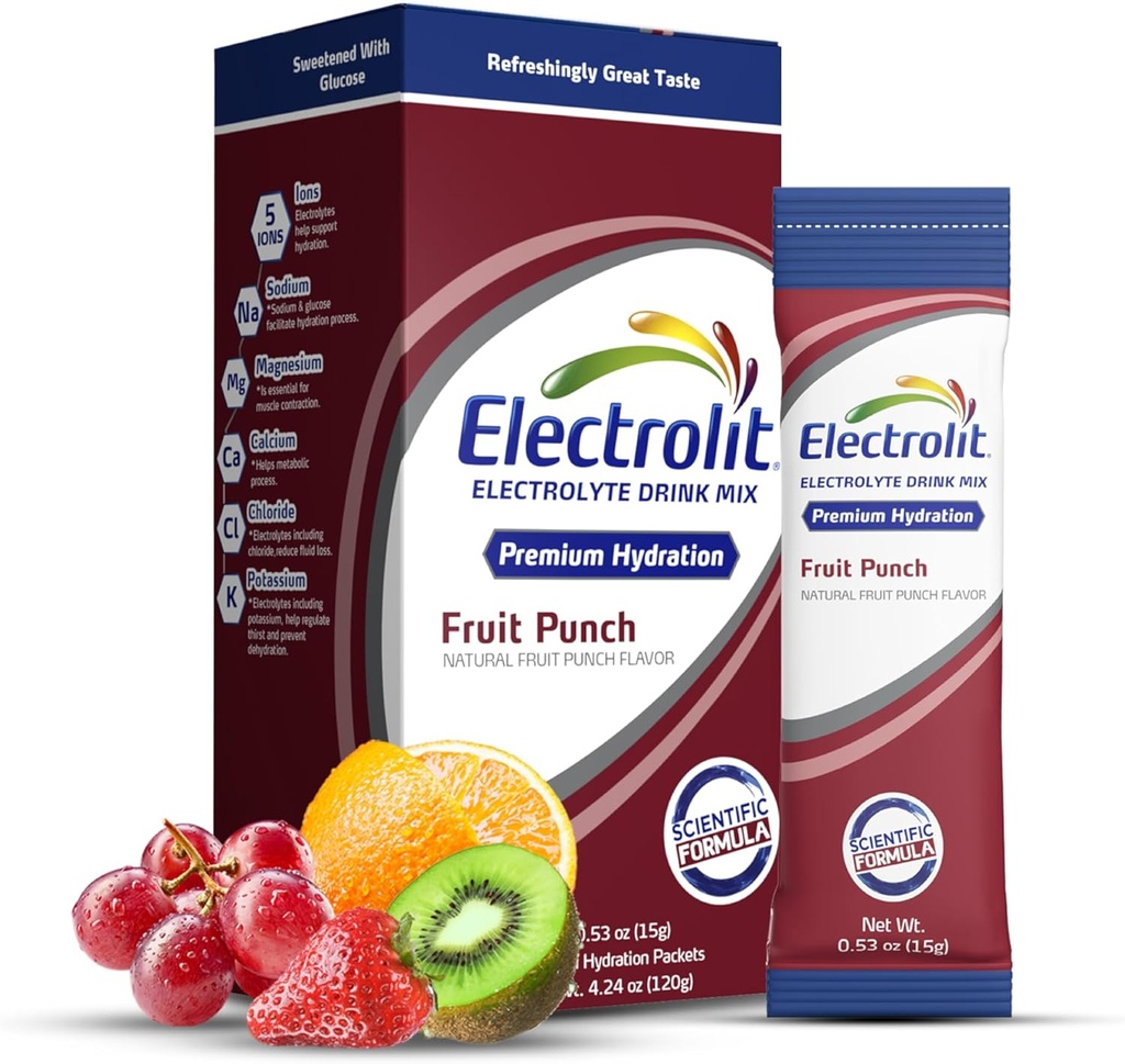 Elektrolit Electrolytes Powder Packets, Fruit Punch 8 Pack, Powdered Hydration Packets for Dehidratation & Rehidratation, Post Workout Favored Hydrating Drink Mix, Gluten Free Daily Water Enhancer Sticks