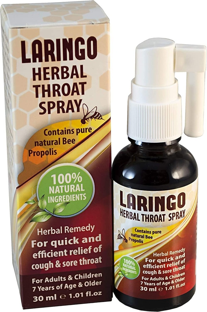 Laringo Throat Spray - Contén puro 99% Raw Bee Propolis Extracto - 100% Remedio de tracio natural para adultos e nenos - Gluten Free, Quick Relief. Kosher 1 FL Oz