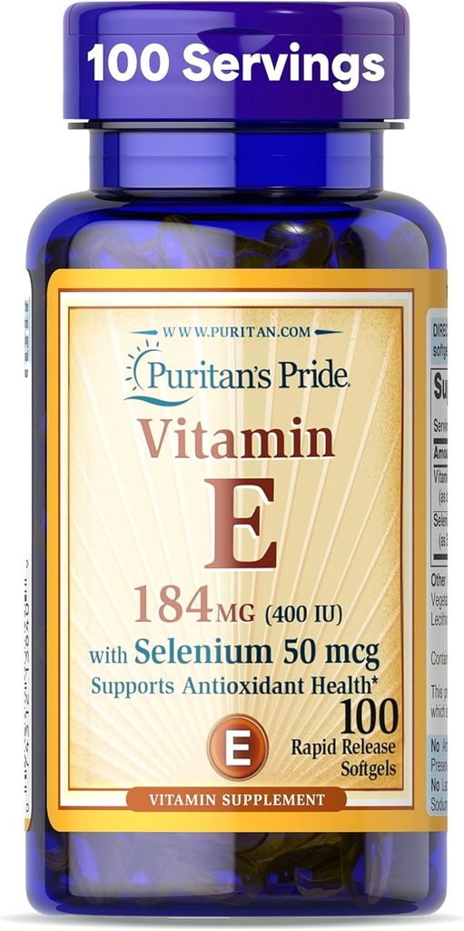 ויטמין הגאווה של Puritan E 184 מ"ג (400 IU) עם Selenium 50mcg, תוסף ויטמין עבור Immune System ו- Antioxidant Health Support, 3 חודשים אספקה, 100 Softgels שחרור מהיר