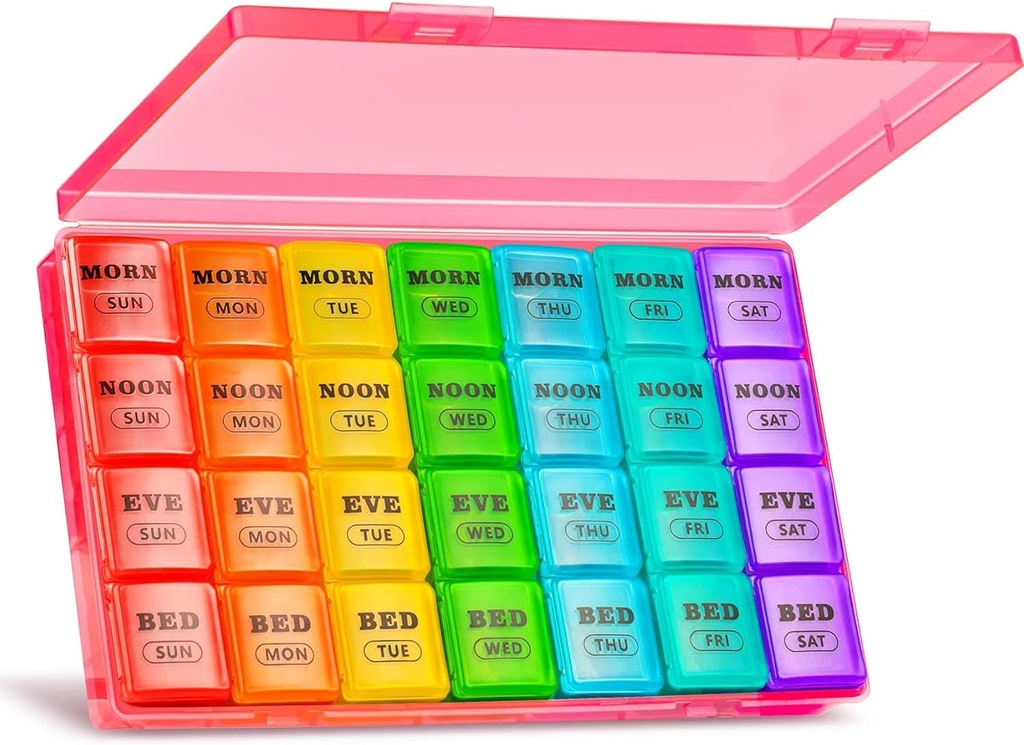 XL Large Weekly Pill Organizer 4 Times sehari, 7-Day Pill Box and Organizer AM PM, Big Comports Pill Case, Monthly Medication Organizer 28 Days Dispenser untuk Fish Oils Red