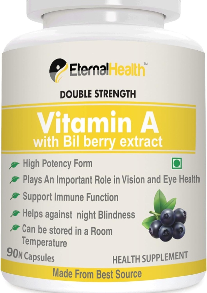 Eterna.l-Health Vitamin A (Double Strength) with Bilberry Extracts and Retinyl Palmitate Extracts- High Potency Form - Supports Healthy Vision & Immune System and Healthy Growth – 90 Veg Capsules