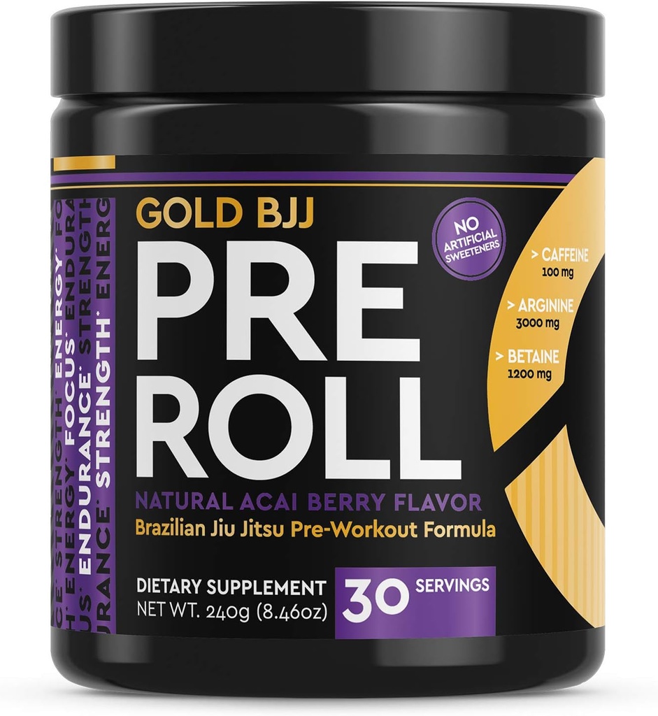 Oro BJJ PreRoll - Jiu Jitsu Pre Workout Supplemento per l'energia, la messa a fuoco e l'eccedenza - Arti Marziali Specifico Pre-allenamento Polvere Formula con aromi naturali (Acai Berry, 30 Serve)