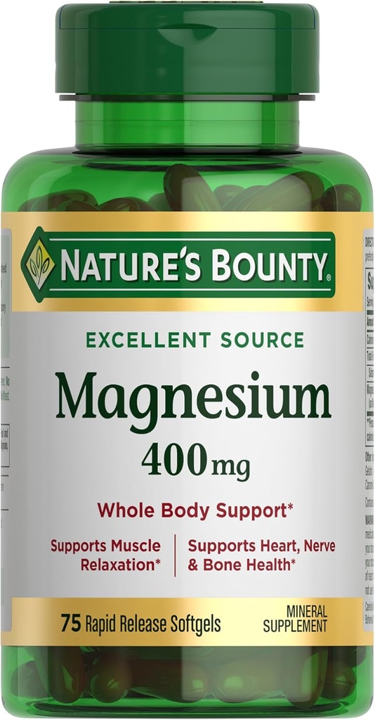 Nature's Bounty Magnesium 400 mg Softgel, Whole Body Support, Magnesium Supplements for Men and Women, Heart, Nerve & Bone Health, 75 Softgels (pack of 1)