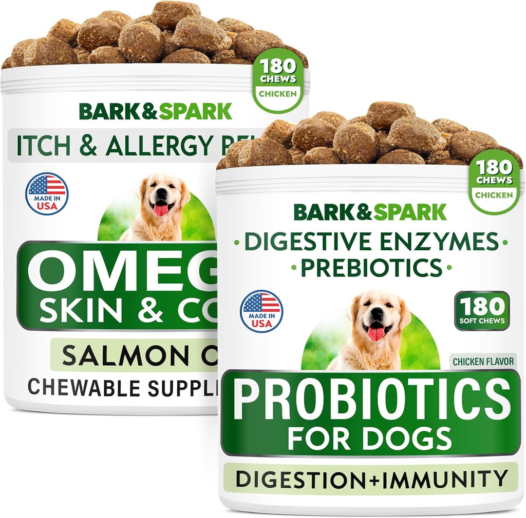 Dog Probiotics Chews + Omega 3 for Dogs Bundle - Gas, Diarrhea, Constipation, Upset Stomach Relief + Allergy and Itch Relief - Digestive Enzymes + Prebiotics + Omega 3 - Skin and Coat Support