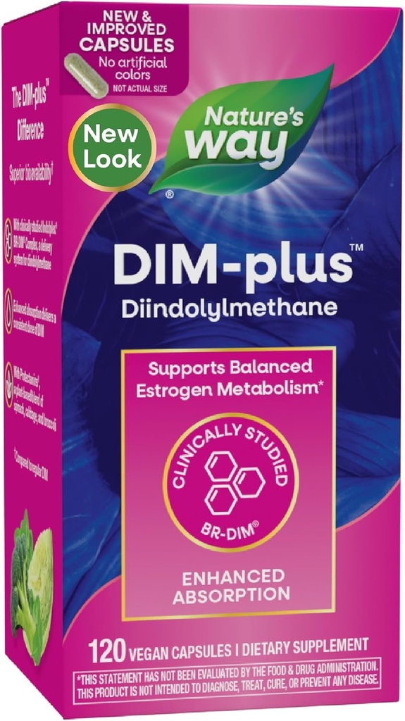 Nature's Way DIM-Plus, DIM תוסף, תומך ב-Estrogen Metabolism*, תומך בהורמון אסטרוגן *, Diindolylmethane, 120 קפסולות טבעוניות