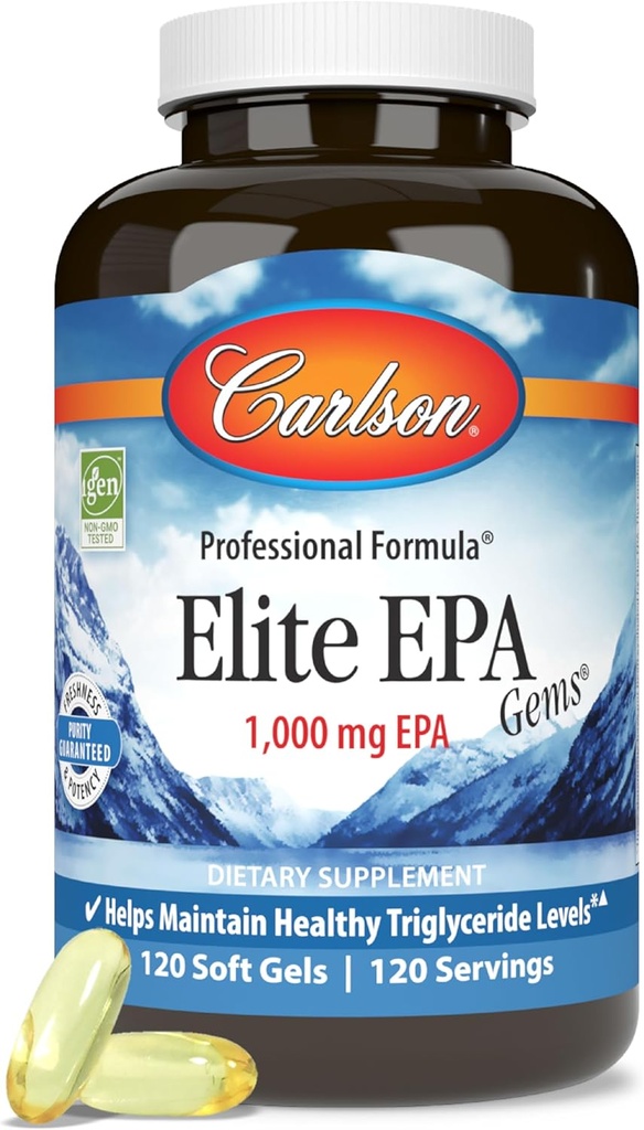 Carlson - Elite EPA Gems, 1000 mg EPA Fish Oil, Wild-Caught, Norueguês Fish Oil, Fonte Sustentável, Ajuda a manter níveis de triglicéridos saudáveis, 120 Softgels