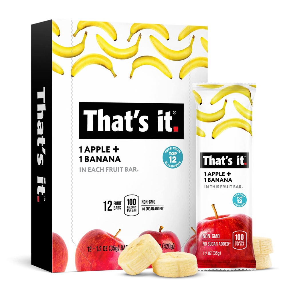 That's It Nutrition Apples + Banana 100% Natural Real Fruit Bar, Paleo for Children & Adults, Non GMO Sugar-Free, No preservatives Energy Food, 14.4 Oz, Pack of 12
