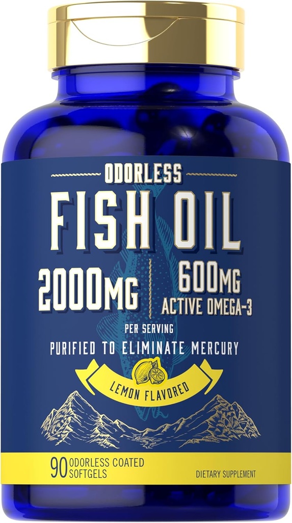 Carlyle Fish Oil 2000mg | 600mg Omega 3 täiendus meestele ja naistele | 90 lõhnatu softgels | Sidrunimaitseline | Mitte-GMO ja Gluteenivaba