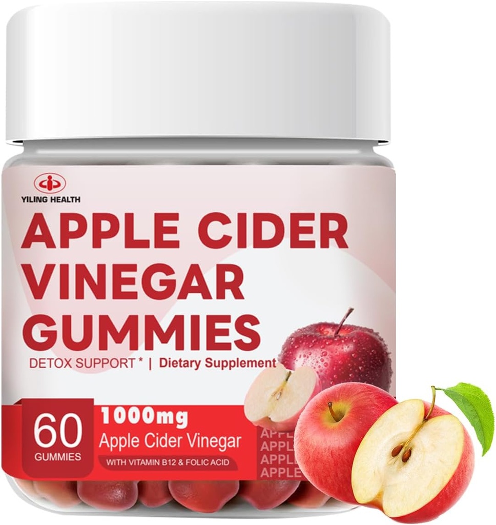 YiLing Melhorado sabor azedo Apple Cider Vinagre Gummies - 1000mg -Formulada para apoiar a saúde imune Níveis de energia normal e gut saúde - Apple flavor Gummies Enriquecido B12 / B6 / Beetroot