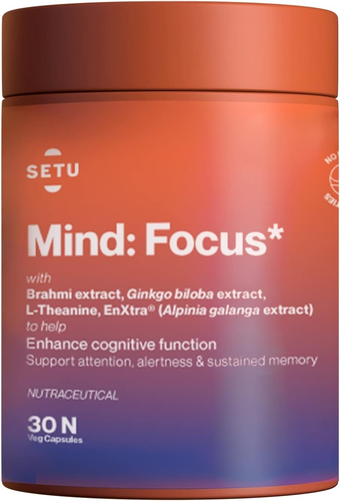 SETU Mind Focus Capsules | Brahmi, Ginkgo biloba, Ashwagandha eta L-Theanine | 30 Caps (1eko paketea)