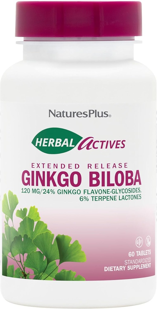 Natures Plus Bylinné látky Ginkgo Biloba, Extended Release - 120 mg, 60 Veganských tablet - Vegetariánské, Gluten- Free - 60 Služeb