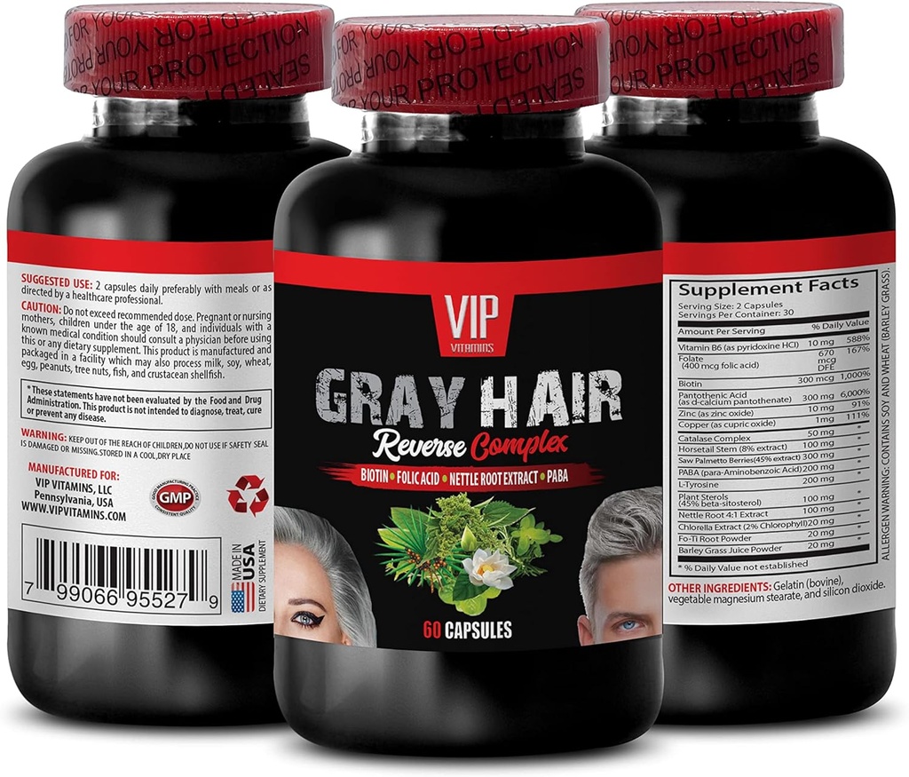 VIP VITAMINS Hair Supplement - Gray Hair Reverse Complex, Biotina, Ácido fólico, Raiz de Nettle - Saw Palmetto Extract, 1 garrafa (60 cápsulas)