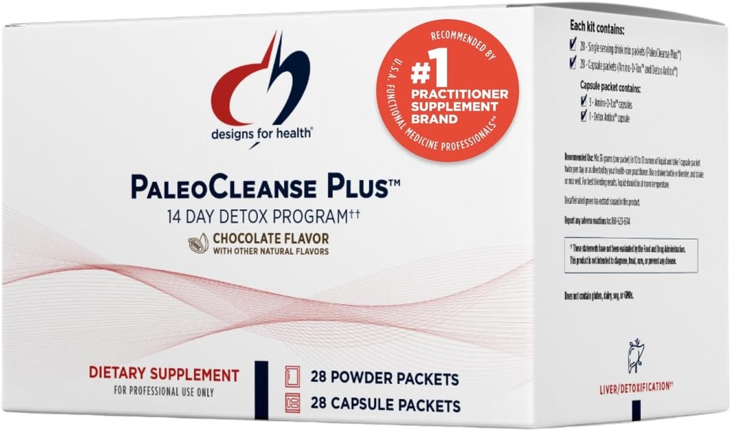 Dizaini veselībai Pure PaleoCleanse Plus 14 Day Detox Program - Liellopu gaļas proteīns, Amino-D-Tox + Detox Antioksidanta pulvera iepakojumi imūnās sistēmas atbalstam, zemeņu vaniļas (28 Dzērienu maisījumi + 28 Kapsulas iepakojumi)
