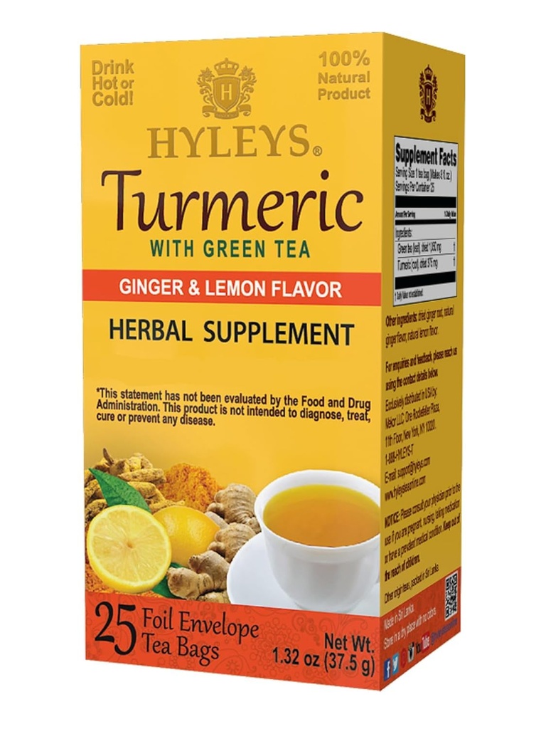 Hyleys Ginger Turmeric Ceai Lemon Flavor - 25 Ceai Bags (12 Pack - 300 Ceai Bags Total) - Wellness Herbal Supplement Ceai verde
