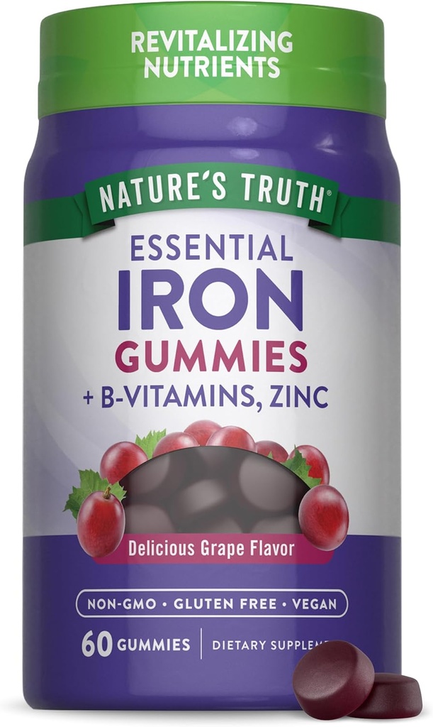Nature's Truth Iron Gummies | 60 Count | Vegan, Non-GMO & Gluteenivaba toidulisand | koos tsink & B vitamiinidega | Viinamarjamaitse