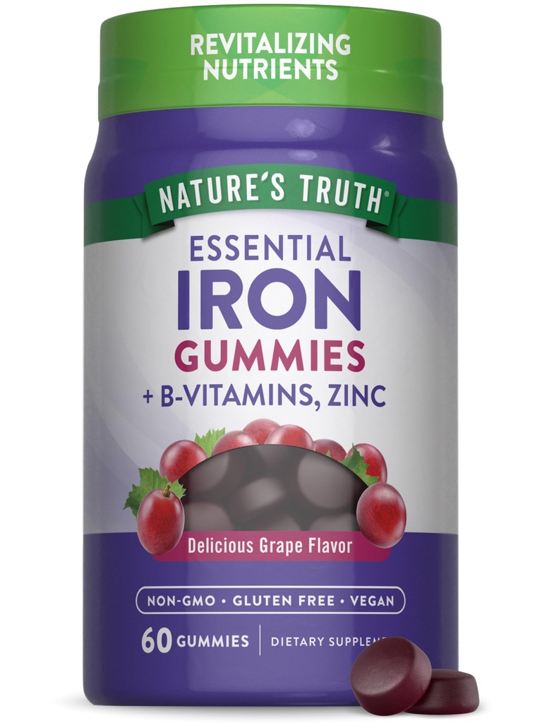 Nature's Truth Iron Gummies | 60 Count | Vegan, Non-GMO & Gluten Free Supplement | with Zinc & B Vitamins | Grape Flavor