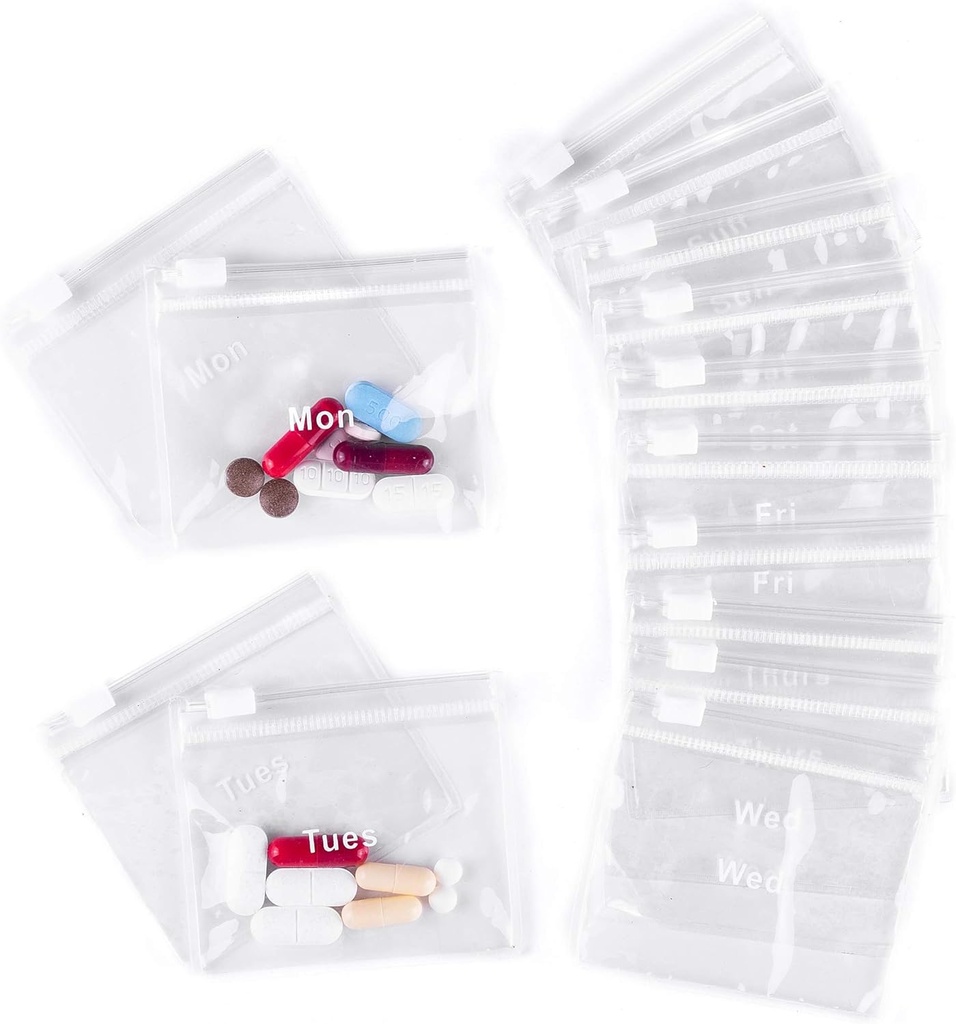 Újrahasználható Pill Pouches Medicinal with Slide Lock 124; (14 Count) 3 "Wide by 2.75" Magas címkézett hétfő-Sunday Pill Bags