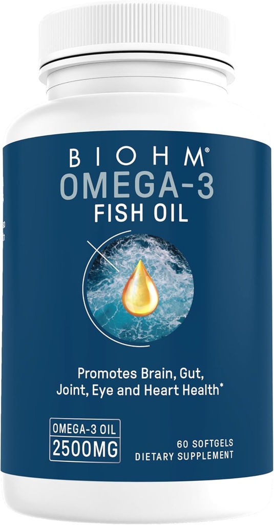 BIOHM Omega-3 Fish Oil (2500mg, 60 Softgels) Alta potenza 860mg EPA & 630mg DHA, Omega 3 Integratori di acido grasso per sostenere il cervello, Joint, Eye, Liver & Gut Health, Sostenibilmente Source