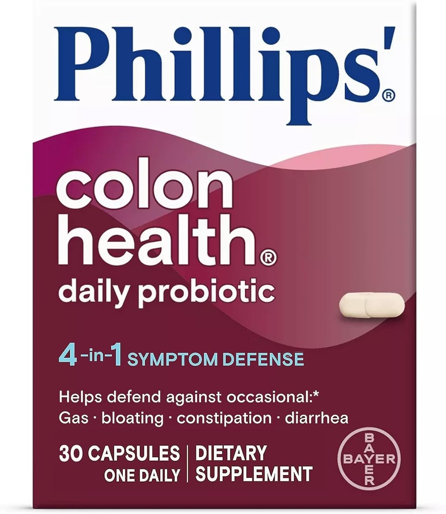 Phillips's Colon Health Daily Probiotic Capsules, 4-in-1 Symptom Defensa Occasional Gas, Bloating, Constipation eta Diarrhea, Daily Supplement, 30 Count