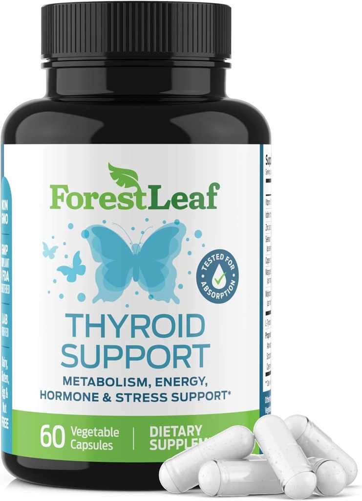 Support Thyroïde pour les femmes et les hommes avec Iodine - Supplément Thyroïde Énergie, Focus & Puissance - Ensemble naturel à base de plantes minérales et de vitamines avec B12, Zinc, Sélénium, Ashwagandha - 60 Capsules végétariennes