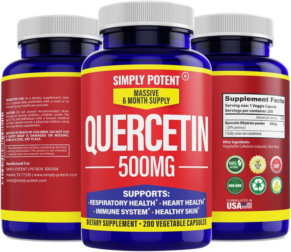 Potent Quercetin Supplements, Quercetin 500mg 200 kapsulak, 2 X Quercetin 250mg Phytosome Bioflavonoid Antioxidant Vegan Gluten Free Pills Cellular Heart & Immune funtzioak onartzeko