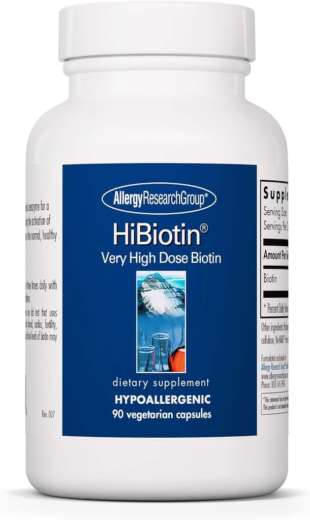 Allergy Research Group HiBiotin Supplement - Extra Strength Biotin Pills, Vegetarian Capsules, Hypoallergenic, Gluten Free - 90 Count