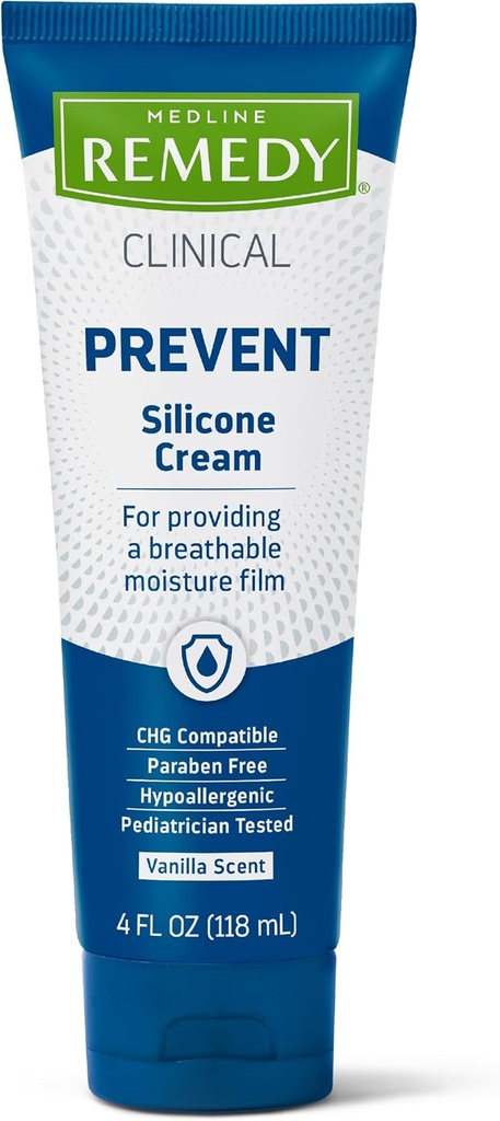 Medline Remedy Clinical Silicone Cream (4 oz Tube), 12 Count, Vanilla Scent, Breathable Film, Soothing, Moisturizing, Nourishing, Hydrating Skin Care, For Cracked, Chapped, Sensitive Skin