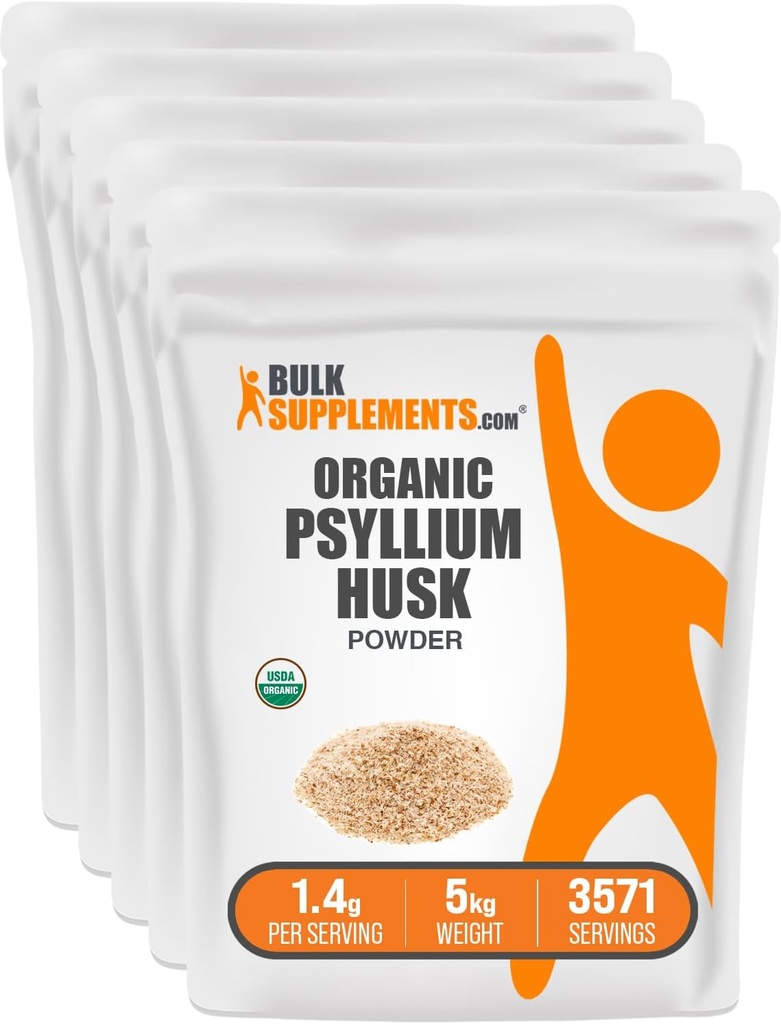 BulkSupplements.com Organic Psyllium Husk Powder - Psyllium Husk Powder för Baking, Fiber Supplement - Gluten Free, 1,4g per Servering, 1kg (2,2 lbs) (Pack av 5)