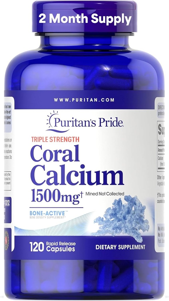 Puritan 's Pride Triple Strength Coral Calcium 1500mg BoneActive ™, Diétás kiegészítés szív, idegek, és izom támogatás, 2 hónap ellátás, 120 Rapid Release kapszula
