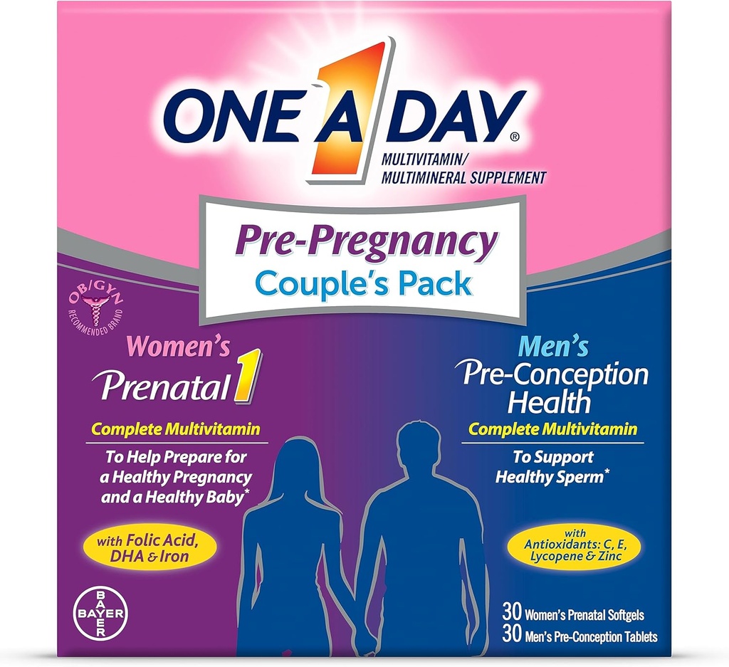 One A Day Men's & Women's Pre-Pregnancy Multivitamin Softgel tra cui Vitamine A, Vitamina C, Vitamina D, B6, B12, Acido Folico & more, 30+30 Count, Supplemento per Prima, Durante e Postnatal
