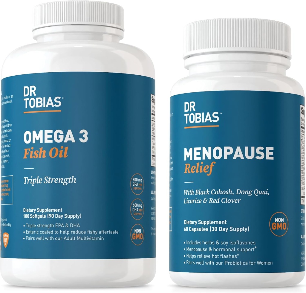 Dr. Tobias Omega 3 Fish Oil and Menopause Relief for Women, Endokrine Support with Essential Omega 3s, Hot Flash and Night Sweats Supplements, Non-GMO