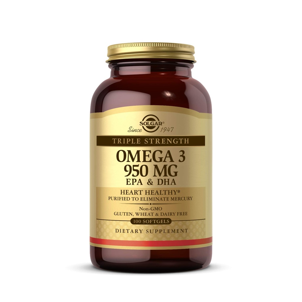 Solgar Triple Strength Omega-3 950 mg, 100 Softgels - Supports Cardiovascular, Joint & Skin Health - Heart Healthy Supplement - Essential Fatty Acids - Non GMO, Gluten Free, Dairy Free - 100 Count