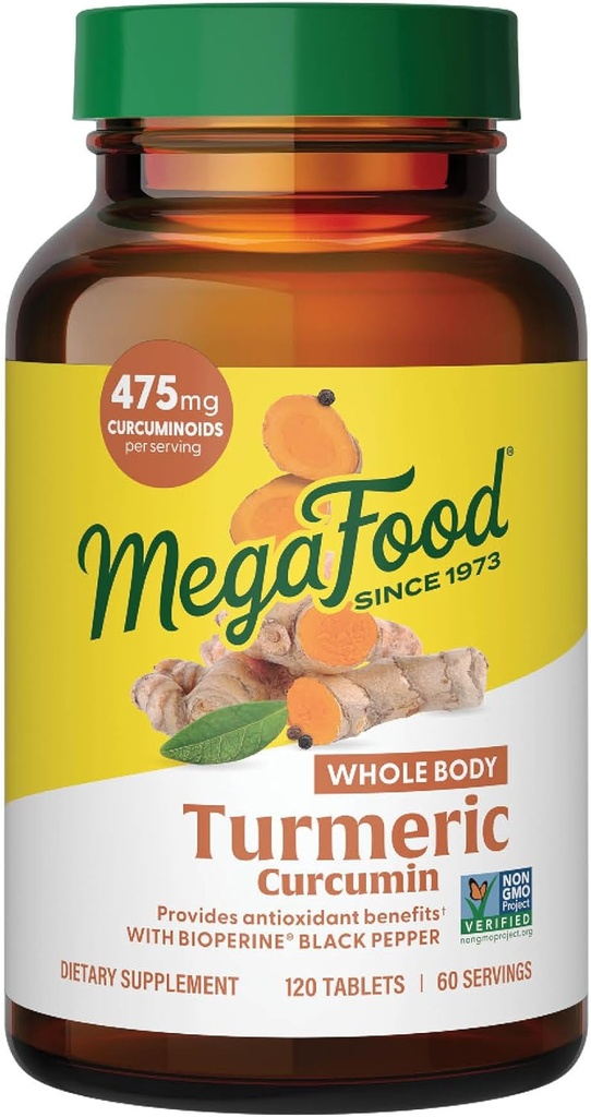 MegaFood Whole Body Kurkuma Supplement - Kurkuma Supplement met zwarte peper en vitamine C - 475 mg Curcumaids Per Serving - Antioxidant & Immune Support - Vegan - 120 tabletten, 60 porties