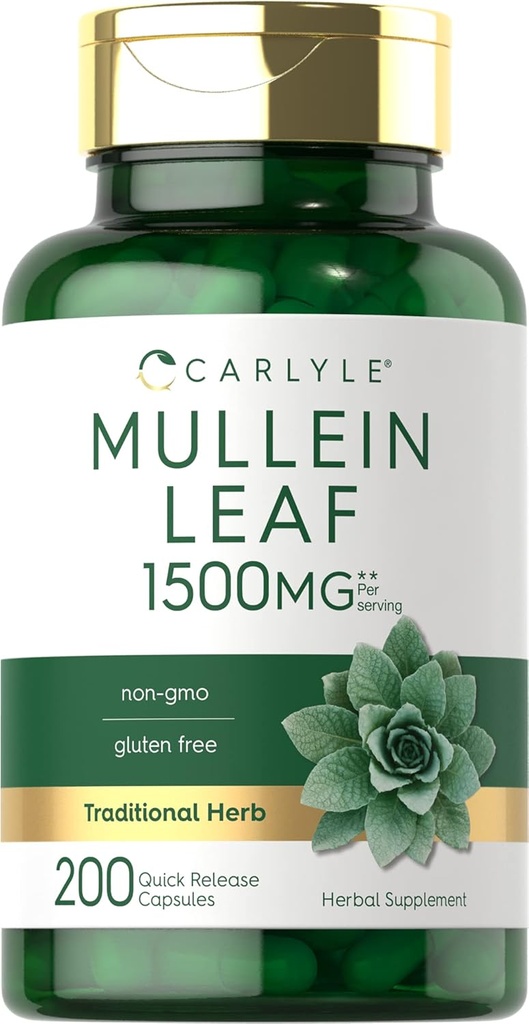 Carlyle Mullein Leaf Extract 1500mg | 200 kapsula | Verbascum Thapsus | Non-GMO, Gluten Free Supplement