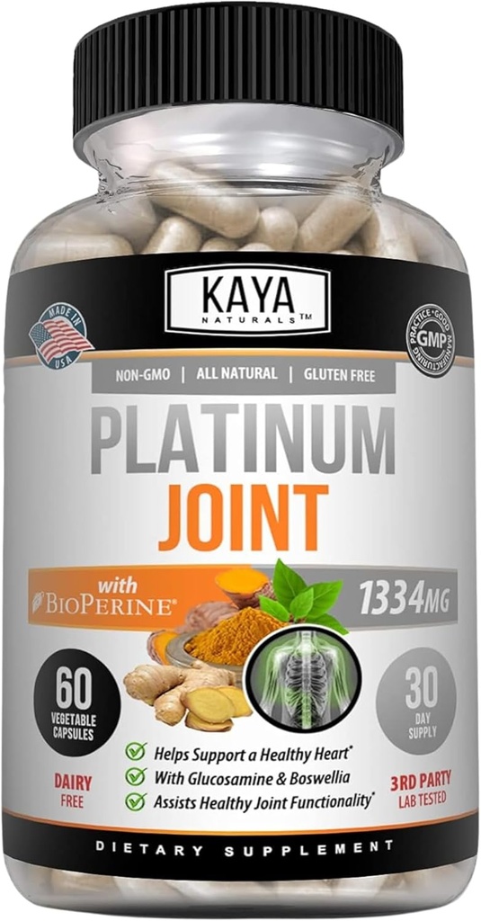 Kaya Naturals Platinum - Příroda Made Bioperin, Glucosamine, Kurkuma s boswellií, Zdravé antioxidační vlastnosti, Kurkumin 1334mg - 60 Kapsle