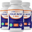 Nitamatic Folic Acid 5mg (5000 mcg) - 120 Vegetarian Tablet per Botol - Vitamin B9 (FOLD) - 3-Pack 124; Total 360 Tablet