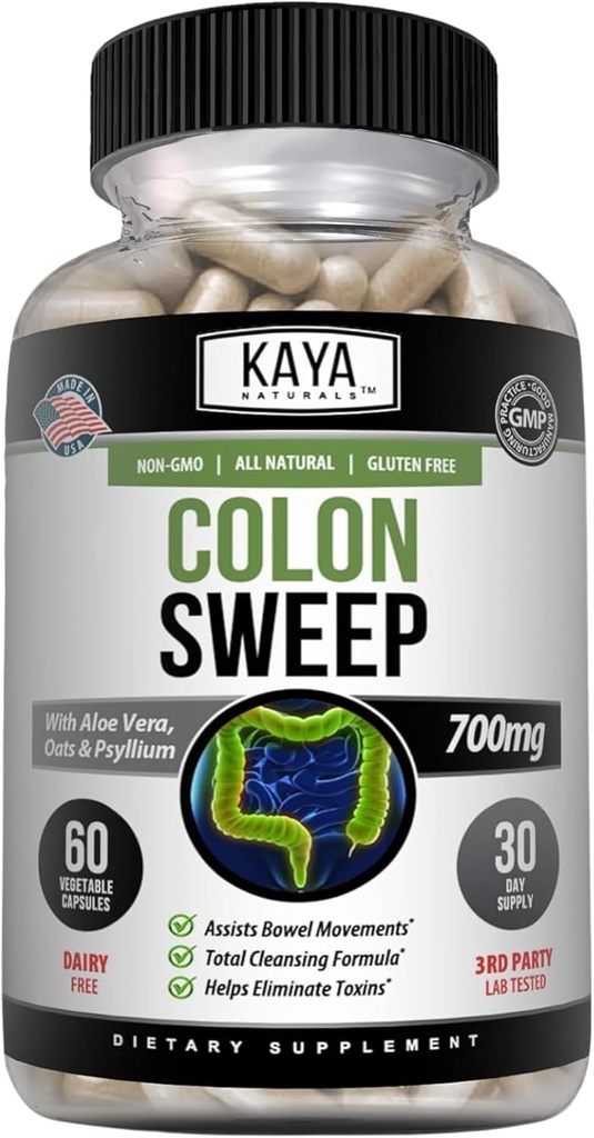 Kaya Naturals Colon Sweep | Kolon Cleanser 30-Day Fast-Acting with Herbs & Probiyotiks, Supports Health Bowel Movements, Cleansing Formula with Fiber, Non-GMO - 60 Capsules