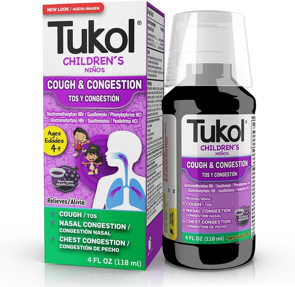 TUKOL Barnens hostmedicin - hosta och trängsel lättnad, Chestal Cough Suppressant för barn, barns kall och hostmedicin, barn hosta Syrup för ålder 4 + Grape smak 4 FL OZ