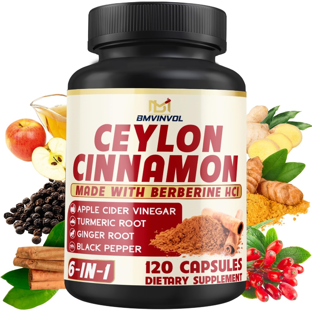 Ceylon Cinnamon Capsules with Berberine HCl, Apple Cider Vinegar, Turmeric, Ginseng, Black Pepper - 120 Count