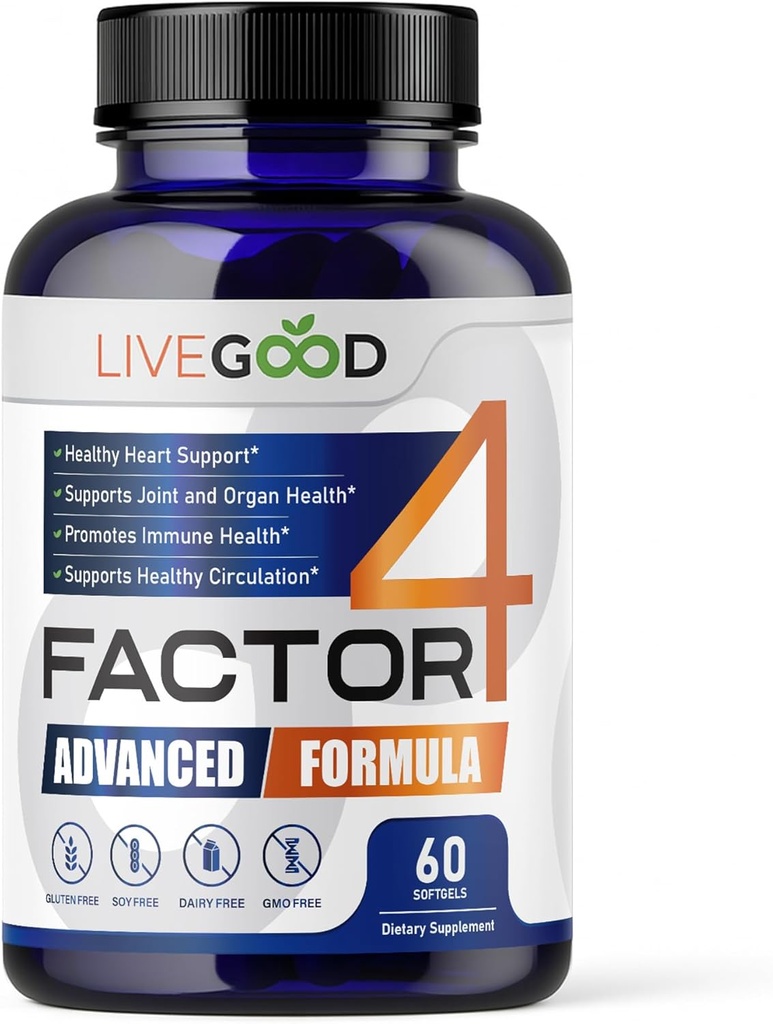 Factor de LIVEGOODTM 4, Omega 3 Fish Oil con EPA &amp; DHA, CoQ10 y Turmeric, Advanced Q10 Coenzyme & CoQ10 Supplements, DHA Supplements for Heart, Joint &amp; Immune Support, Made in USA, 60 Count,