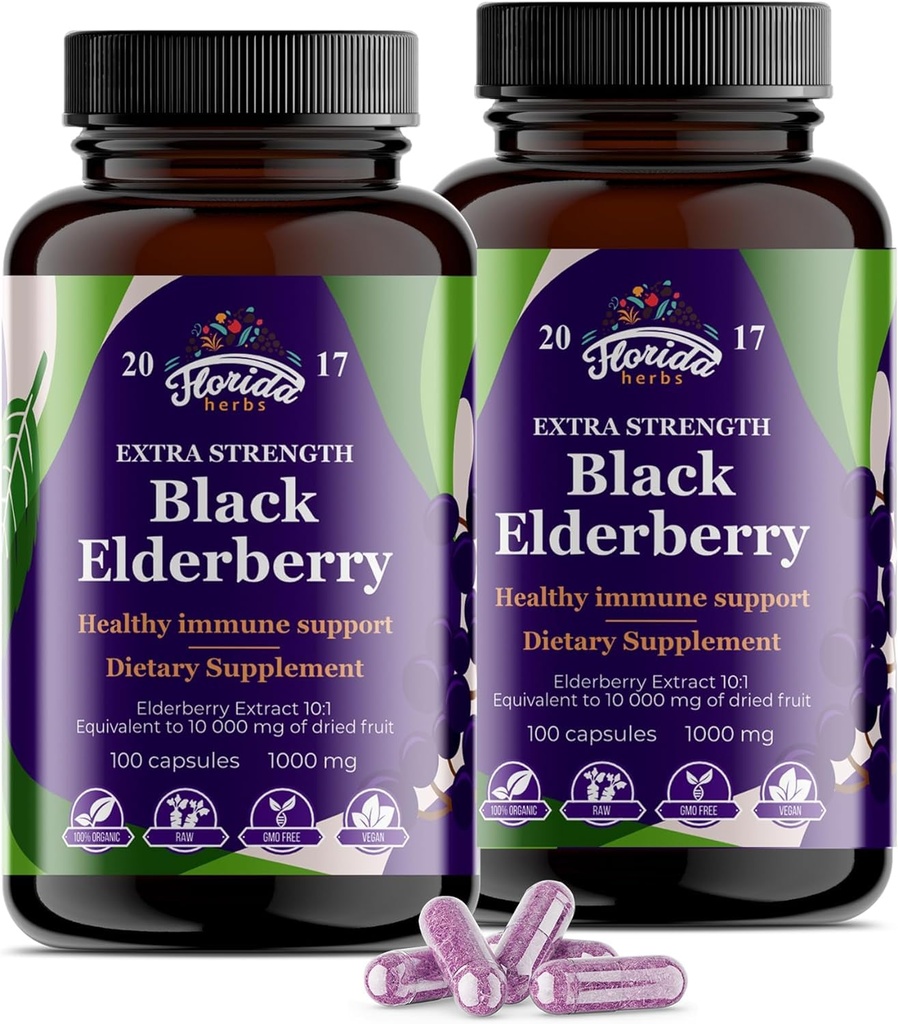 Black Elderberry Capsules | 200 Count | Sambucus Nigra Elderberry Supplement, Non-GMO, Gluten Free, Vegan Capsules – Pack of 2