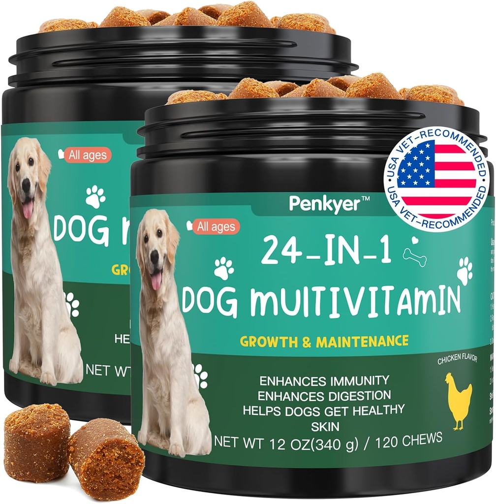 Hondenvitaminen en -supplementen, Senior & Puppy Multivitamine voor honden Ondersteuning met Glucosamine Chondroitin Omega Probiotica - Honden Multivitaminen Kauwbaar voor Hip & Gezamenlijk, Huid, Immune - (Chicken 240 Ct)