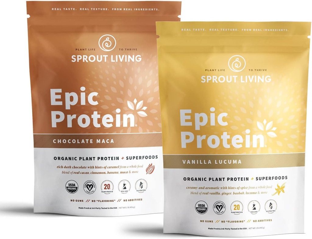 Sprout Living Proteina Epic Bundle - Ciocolata Maca & Vanilla Lucuma (20g Organic Plant-Based Proteine Powder, Vegan, Gluten Free, Superfoods) 1lb, 12 Serviri