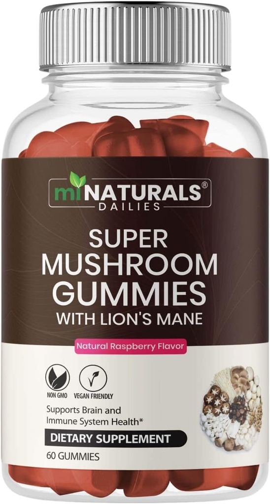 MINATURALS Super Mushroom Gummies för vuxna, 10X Mushroom Supplement w/Lions Mane, stöder hjärna och immunsystemhälsa, inga fler piller och kapslar