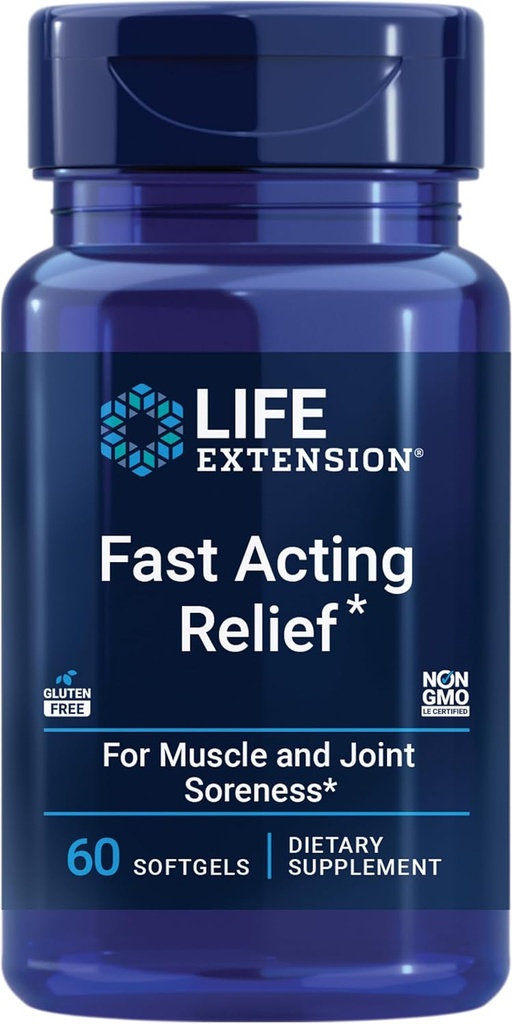 Life Extension Fast Acting Relief, Black Sesame Seeds, Turmeric, Boswellia, Joint Support Supplement, Quick Relief para molestias nos ósos, articulacións e músculos, Gluten-Free, Non-GMO, 60 softgels